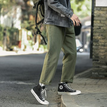 日系復古簡約軍綠貼標織帶工裝褲男春季新款潮牌寬松直筒休閑長褲