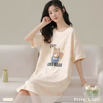 【PINK LADY】棉柔連身睡裙 小熊工匠 短袖睡衣 居家服(女睡衣/印花/圓領/連衣裙) 11669
