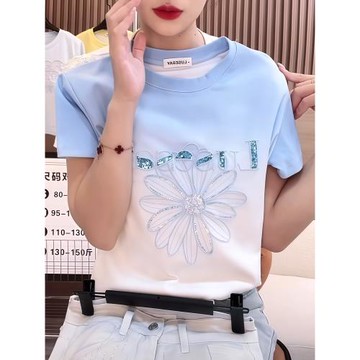 文藝漸變色亮片印花短袖T恤女2025夏季新款高級感洋氣休閑上衣潮
