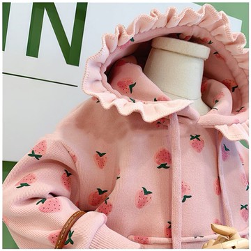 百搭可愛秋季新款女童連帽粉色小草莓衛衣韓版洋氣套頭上衣潮