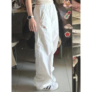 美式街頭白色傘兵褲女春夏束腳小眾寬松百搭抽繩休閑工裝闊腿褲子