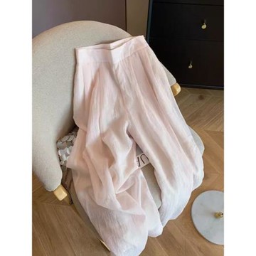 慵懶風粉色直筒闊腿褲女夏季款輕薄透氣涼涼褲高腰垂墜感拖地長褲