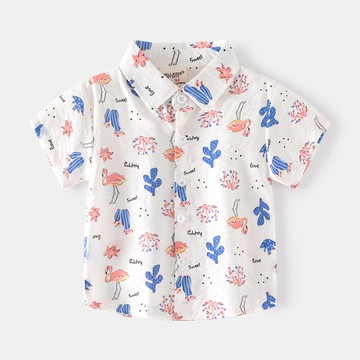WELLKIDS - 渡假風休閒翻領短袖襯衫-紅鶴-白色