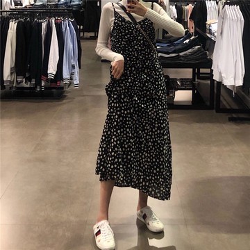 秋裝復古碎花不規則吊帶連衣裙+百搭純色半高領長袖打底T恤女1入