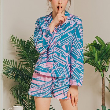 電音節拍 西裝領長袖家居服套組(粉藍)