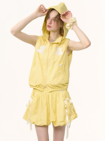 ziziFei夏美式設計感兔子刺繡運動風黃色連帽開衫外套背心馬甲女