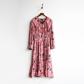 【蛋植物古著】春神百花絲質印花古著洋裝