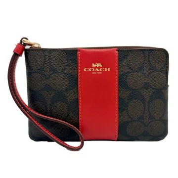 COACH 經典C LOGO手拿包/零錢包(直紋深咖/紅)