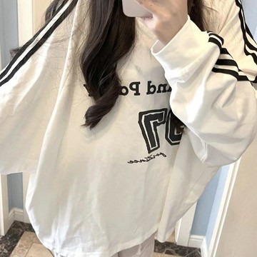 【美式復古】女裝上衣 V領印花長袖衛衣 秋季辣妹設計感 休閒寬鬆球服上衣 美式復古風 長袖上衣 寬鬆版型