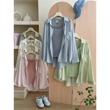 法式冰天絲麻棉長袖防曬襯衫兩件套裝女夏配寬松休閑吊帶背心襯衣