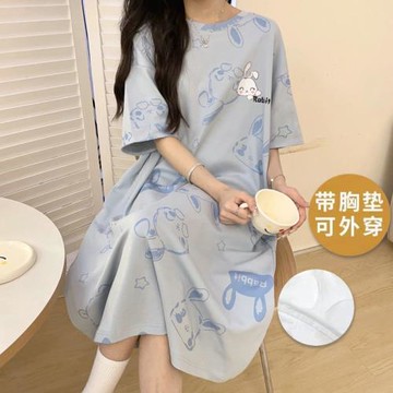 帶胸墊睡裙女夏季薄款一體式純棉卡通夏天短袖睡衣網紅風藍色可愛