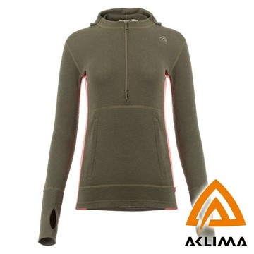 【ACLIMA 挪威】女羊毛長袖連帽撞色套頭衫『墨綠/粉』104078 戶外 露營 登山 健行 休閒 保暖 長袖 上衣