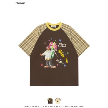 稚成人美式復古趣味撞色條紋插肩短袖寬松T恤女夏季新款卡通上衣