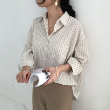 春季新款韓版豎條紋口袋襯衫女學院風簡約百搭上衣長袖襯衣1入