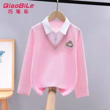 2025爆款女童polo衫假兩件短袖T恤中大童全棉學院風長袖夏裝上衣