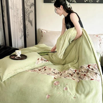 a類中式全消光牛奶絨四件套冬季貼布繡珊瑚絨被套法蘭絨床單被罩