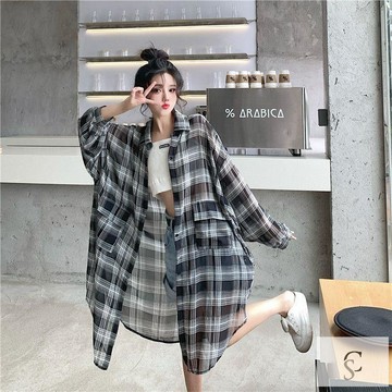 【XL-8XL大尺碼】👩大尺碼防曬衣 長款防曬衣 防曬罩衫 300斤胖妹妹女裝夏季ins中長款格子襯衫大碼240斤學生