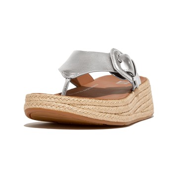 F-MODE 草編調整式扣環金屬皮革厚底夾脚涼鞋-銀色