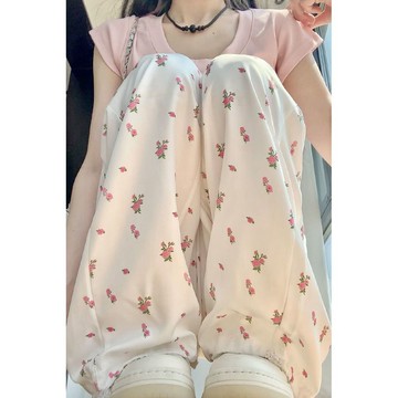 臺灣/✨工裝褲 闊腿褲白色碎花工裝褲女2023新款秋冬高腰闊腿直筒休閒束腳美式運動學生