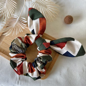 大腸圈/兔耳大腸圈/髮束/拼接色塊-磚紅 綠