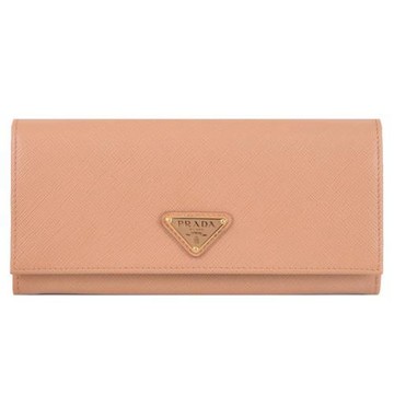 PRADA 1MH132 三角LOGO防刮皮革翻蓋雙扣式長夾.淺棕