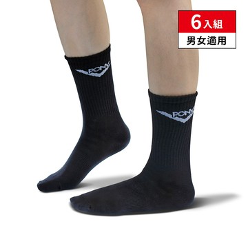 【PONY】經典LOGO 中筒襪 運動襪 棉襪 素色襪 襪子 吸濕 排汗 男女 黑 白(6入組)
