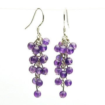 天然紫水晶葡萄耳墜耳環銀耳墜 925銀  免郵時尚 長款耳環耳線1入