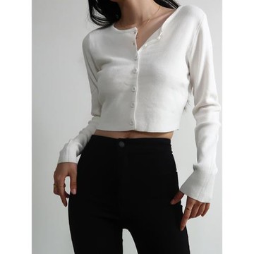 春秋圓領單排扣純色針織開衫女高腰修身短款露臍長袖外套上衣女冬