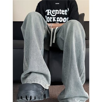 星空紋藍色牛仔褲男款夏季垂感寬松直筒長褲高街美式潮牌男生褲子