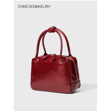 復古紅色波士頓包女2026春季新款法式保齡球手提包單肩斜挎小方包