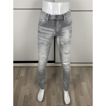 25新款四季牛仔褲男D2彈力修身長褲DSQ2灰色歐洲站破洞補丁重工藝