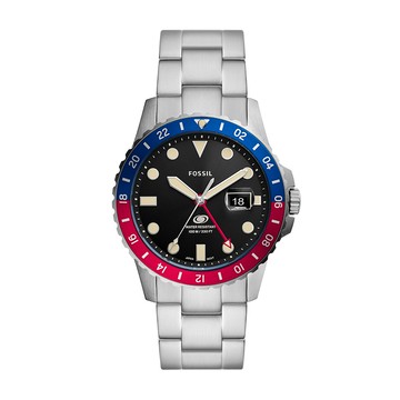 Fossil Blue 撞色搶眼潛水手錶 銀色不鏽鋼鍊帶 42MM LE1156