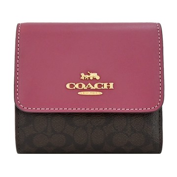 [平輸版] 【COACH】立體馬車LOGO 皮革拼接PVC三折短夾(胭脂紅X咖啡)真品平輸