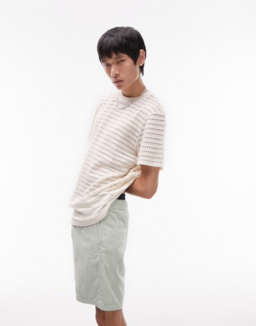 Topman oversized crochet t-shirt in ecru-White