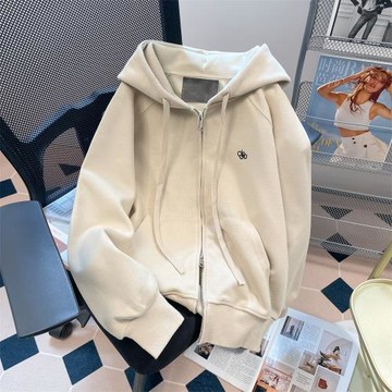 設計感小眾雙拉鏈刺繡衛衣外套男女秋冬簡約休閑加絨加厚連帽開衫