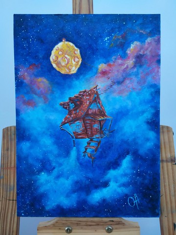 原創油畫太空童話屋。