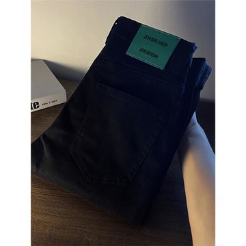 高端黑色牛仔褲男冬季新款歐貨潮流彈力修身小腳休閑長褲寬松直筒