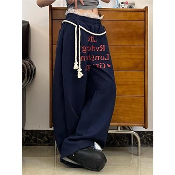 ABone 美式復古字母印花拼接蕾絲運動褲女2026春秋新款直筒闊腿褲