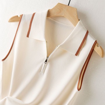 衣時尚 針織上衣 無袖T卹 毛線衣 小衫 新款polo領法式修身無袖背心吊帶女設計感休閒冰絲針織衫襯衫無袖背-5436.