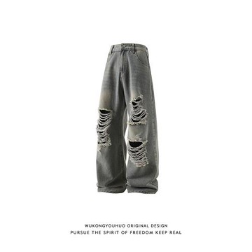 悟空有貨潮牌美式高街破洞做舊水洗牛仔褲男寬松休閑潮流闊腿長褲