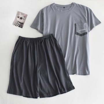 可外穿套頭睡衣男士夏季純棉薄款寬松短袖短褲五分褲家居服套裝