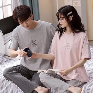 春夏季情侶純棉睡衣短袖長褲薄款套裝男女青年寬松休閑家居服外穿