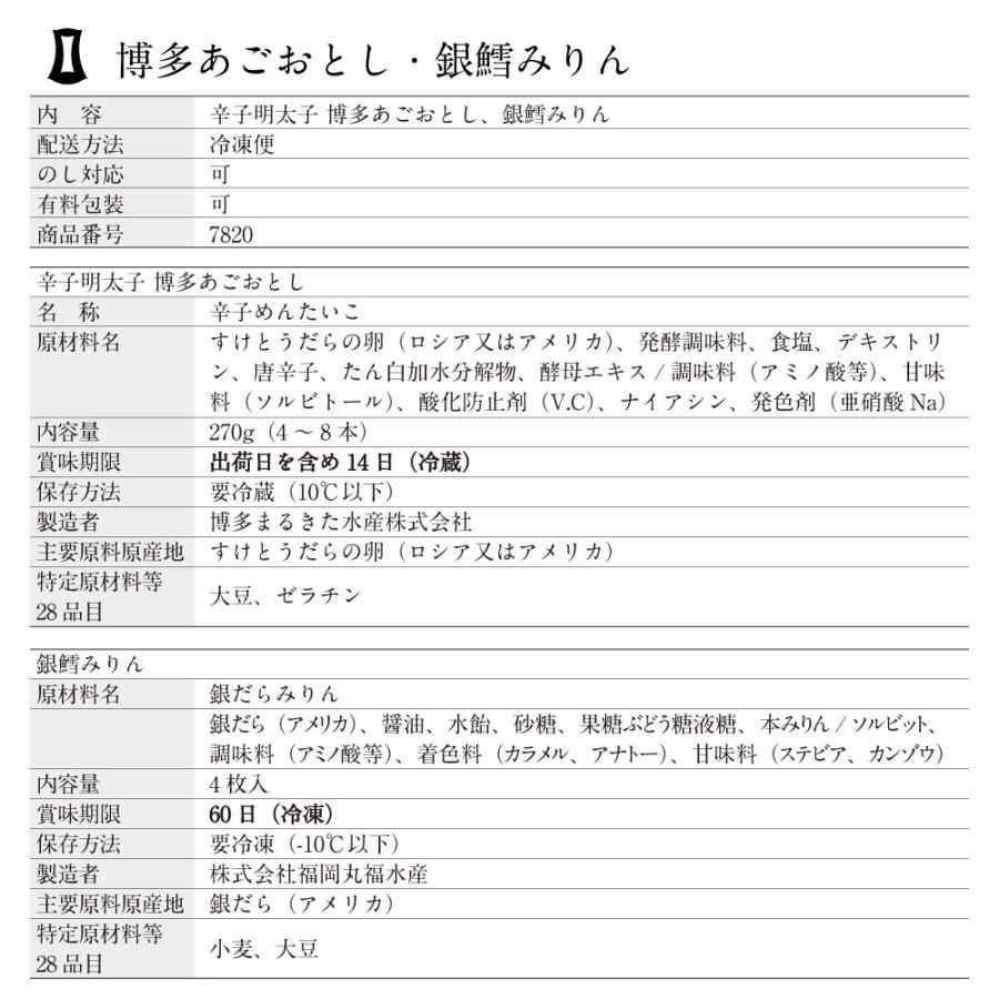 辛子明太子 博多あごおとし・銀鱈みりん 博多まるきた水産 明太子 めんたいこ からし明太子 博多明太子 福岡 博多ご飯のお供