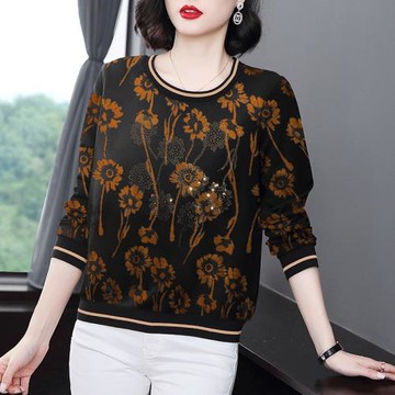 中年女長袖T恤2024春款洋氣大方純棉打底衫寬松大碼黑底印花上衣