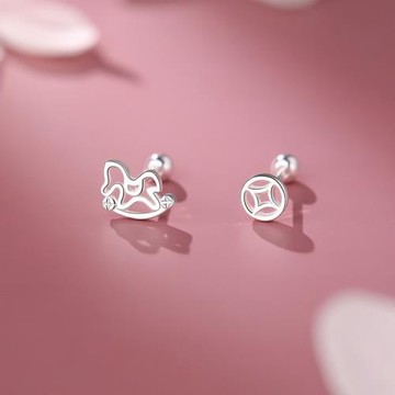 S999純銀耳釘小馬金錢女款設計輕奢氣質百搭耳環耳飾耳扣耳圈耳墜
