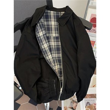 復古格子雙面穿拼接翻領夾克男裝ins潮牌寬松休閑飛行員工裝外套