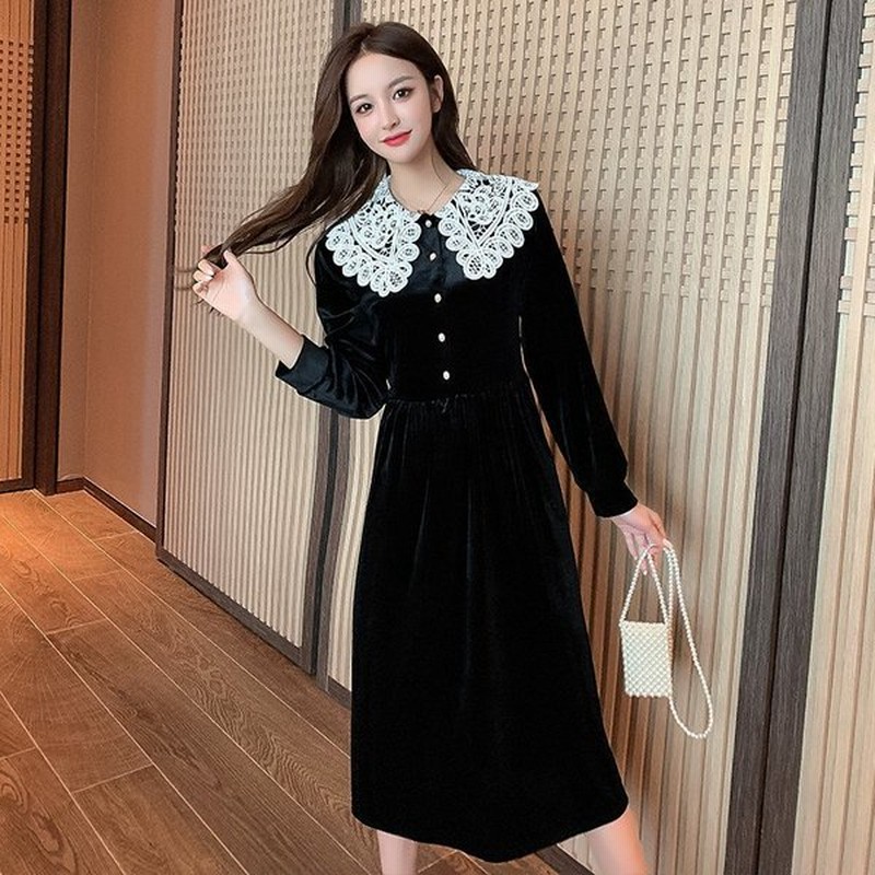 ワンピース レディース マキシワンピース ロングスカート カジュアル 7分丈 クラシック Aラインワンピース レース肩 シフォン シルエット 着痩せ 長袖 無地 通販 Lineポイント最大get Lineショッピング