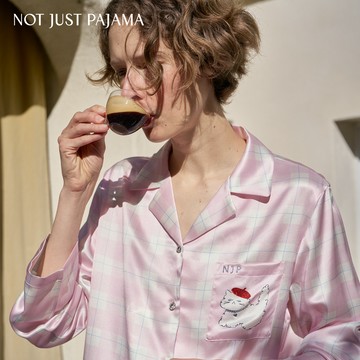 NotJustPajama Kiki系列 格紋真絲女款長袖睡衣套裝/情侶睡衣 - 藍色格紋「男款」Milo系列-M