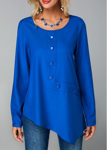Button Decorated Keyhole Back Royal Blue Blouse