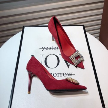 女神范紅色婚鞋2025新款韓版網紅水鉆方扣尖頭絨面細跟單鞋高跟鞋